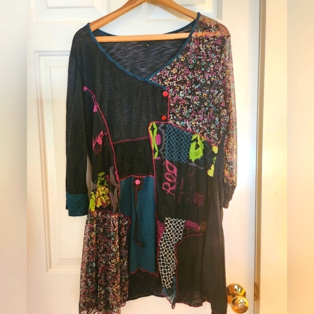 Me Paris Tunic Top Mesh Floral 3/4 Sleeve Artsy Avante Garde French Size 5 Boho